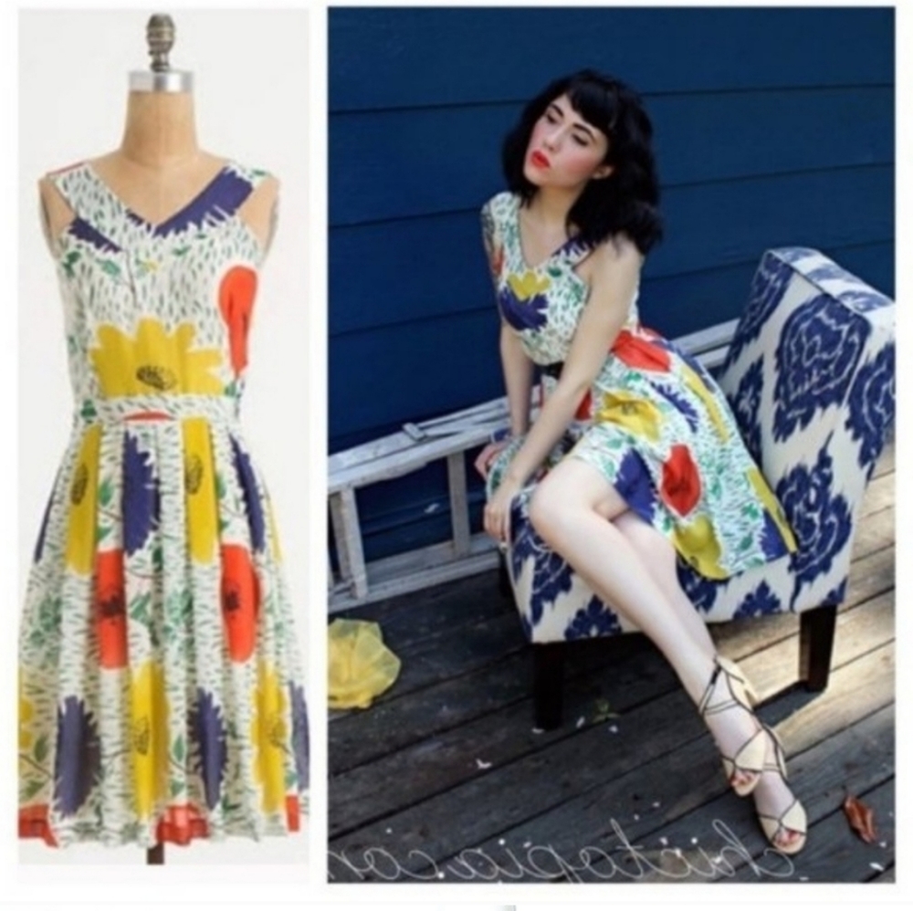 ANTHROPOLOGIE Primary Blooms Silk Floral Dress